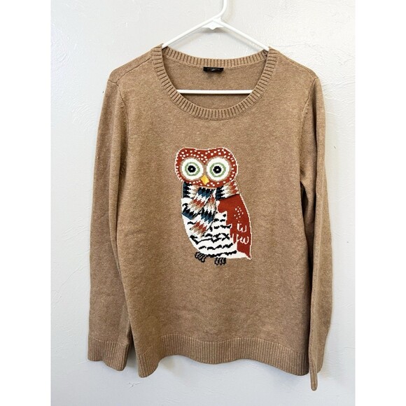 Talbots Cotton Blend Brown Owl 3D-Knit Crew Neck Pullover Sweater Size Large - Picture 2 of 8